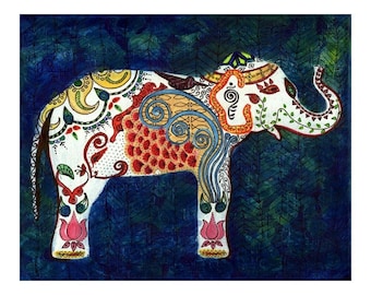 Elephant painting, Indian elephant art print, blue elephant print, india design, india, The Queen Elephant - India Inspired Exotic Art Print