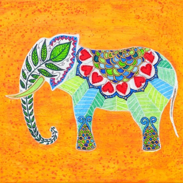 Valentine’s Day Elephant painting, nursery elephant print, Indian elephant art print, orange yellow elephant print, indian design
