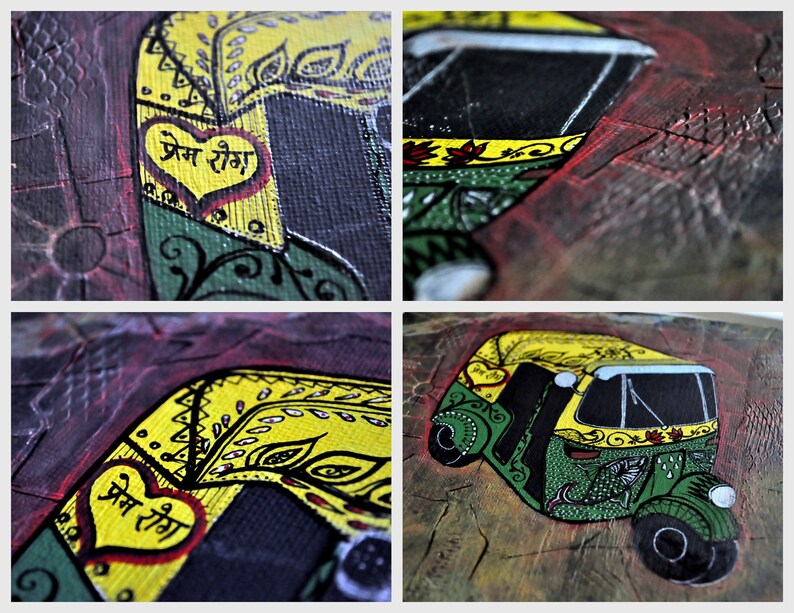 May include: A hand-painted artwork depicting a green and yellow auto rickshaw with intricate details. The rickshaw has a black windshield and a heart-shaped design with the text "Prem Ranga" in Hindi.