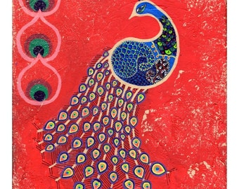 Peacock painting, peacock art print, india, indian art, Peacock in the Dawn Archival Print - India Inspired Exotic Art Print