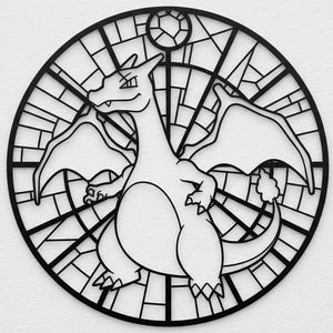 May include: Black metal wall art depicting Charizard in a stained-glass style circular frame. The Pokémon character is shown with outstretched wings, set against a geometric background. Suitable for home decor, the artwork is a striking piece.