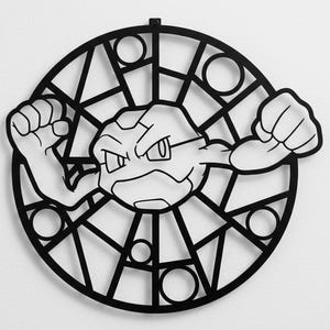 May include: Black metal wall art featuring a cartoon character with a rock-like head, wearing glasses, and flexing its arms. The character is set within a circular geometric design with various shapes.