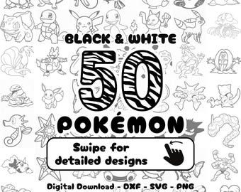 Pokemon Bundle, Black and White Style, Svg,Dxf,Png, Design for CNC, Laser Cutting, Cricut, Glowforge, Wall Art
