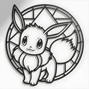 May include: Black and white Eevee character design. The Eevee is in a standing pose, with large eyes and a fluffy tail. The character is set against a geometric, stained-glass style background. The design is a stylized, cartoon-like illustration.