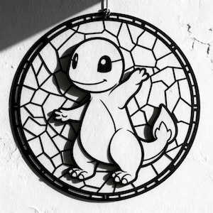 May include: Black and white Charmander character art. The design features a Charmander figure within a circular frame with a geometric pattern. The artwork is hanging against a white wall.