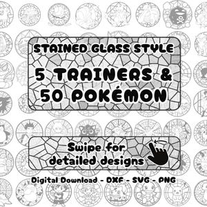 Könnte beinhalten: Schwarz-Weiß-Digital-Download mit Glasmalerei-Designs von 5 Trainern und 50 Pokémon-Charakteren. Das Bild enthält den Text "STAINED GLASS STYLE", "5 TRAINERS & 50 POKÉMON" und "Swipe for detailed designs".