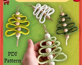 May include: Four handmade Christmas tree ornaments in shades of green, yellow, and white. Each ornament is crafted with a looped design, wooden beads, and a wooden base. The text "Christmas Tree Ornament" is at the top. The text "PDF Pattern" is at the bottom.