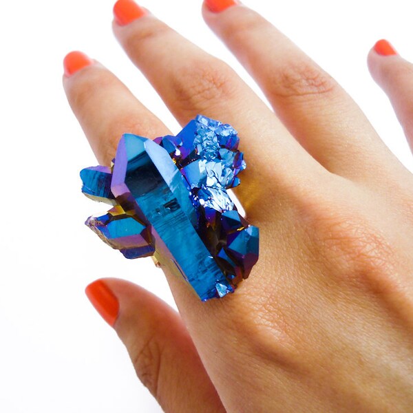 Titanium Quartz Cobalt Blue Druzy Ring  Rainbow Aura Crystal