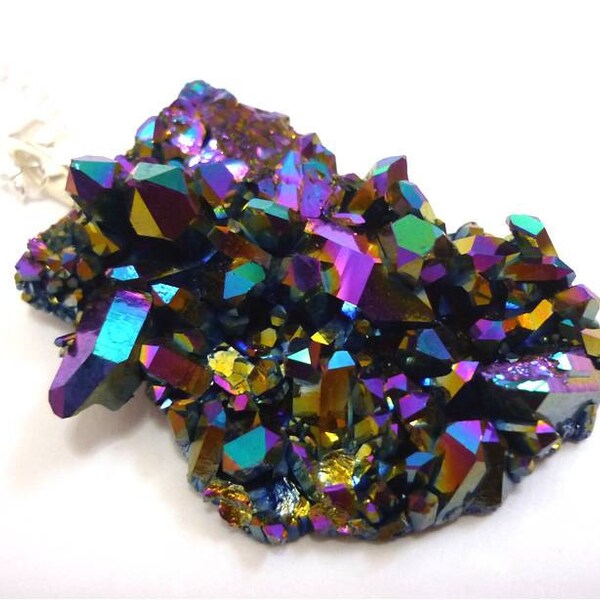 Titanium Quartz Rainbow Aura Crystal Cluster Druzy Necklace