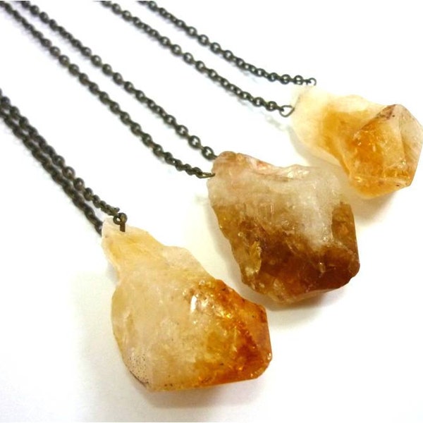 Huge Chunky Raw Citrine Crystal Quartz Point Brass Necklace - extra long chain