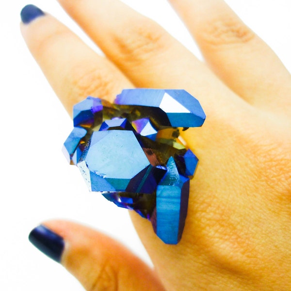 Cobalt Blue Druzy Ring Titanium Quartz Rainbow Crystal Aura Cluster