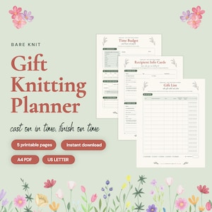 May include: A digital gift knitting planner with five printable pages in A4 and US Letter formats. The document features sections for time budgets, recipient info cards, and a gift list, all decorated with floral illustrations and red text.