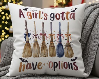 Spooky Witch Throw Pillow: Retro Halloween Broomsticks