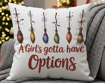 Retro Witch Pillow: Girly Halloween Broomsticks Throw Cushion