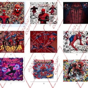 May include: A collage of images featuring the superhero Spider-Man in various action poses. The images are predominantly red and blue, with comic book style backgrounds. Some images include text like "Spider-Man" and sound effects.