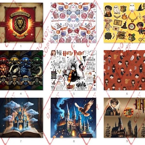 May include: A collection of images featuring themes from the Harry Potter series. Includes the Gryffindor crest, various character illustrations, and scenes from Hogwarts. The images are colorful and detailed.