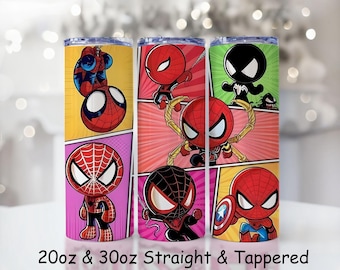 スパイダーマン タンブラーラップ PNG: カラフルな漫画昇華デザイン (デジタルダウンロード)