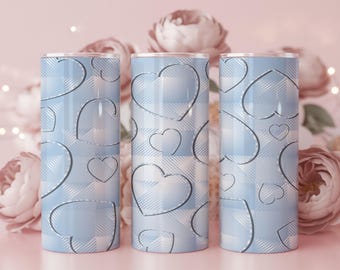 Blue Heart Plaid Tumbler Wrap PNG | 20oz 30oz Sublimation Design (Digital Download)