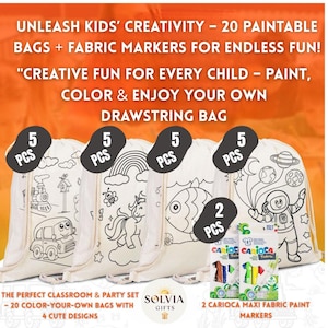 20 Color-Your-Own Drawstring Bags with Markers – Craft Kit for Kids