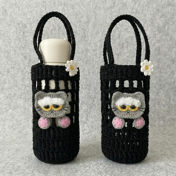 Soporte para botella de agua con forma de gato, tejido a crochet, con correa, accesorio de estilo kawaii (patrón)