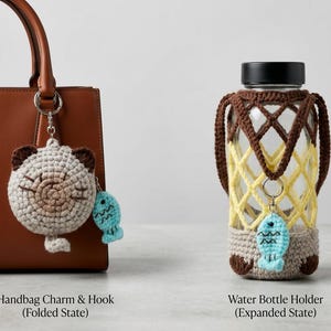 May include: A brown leather handbag with a crocheted cat charm and a blue fish charm. Next to it is a water bottle holder with a brown and yellow crocheted design, also with a blue fish charm. The text reads "Handbag Charm & Hook" and "Water Bottle Holder".