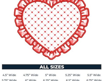 Ruffled Heart Applique Design, 15 Sizes, 10 formats, Valentines day stitch file, instant download.