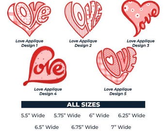 Love applique embroidery design. 5 designs, 7 sizes, valentines machine embroidery