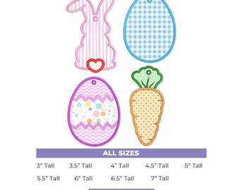 Easter Basket Applique Tags, 4 design. Bunny, Carrot, Crecked Egg, Egg. 9 sizes, 8 Embroidery file formats. Digital download.