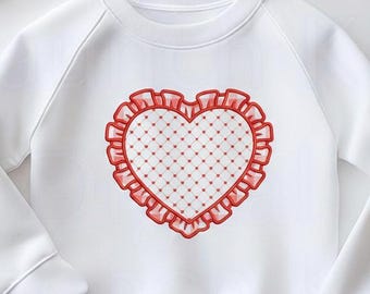 Ruffled Heart Applique Design, 15 Sizes, 10 formats, Valentines day stitch file, instant download.