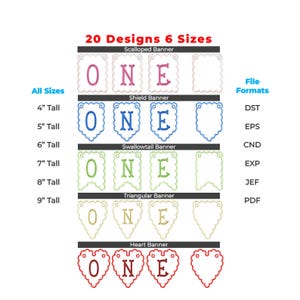 May include: A white graphic with banner designs that spell "ONE" in various styles. The text "20 Designs 6 Sizes" and "All Sizes" are also present. Banner sizes range from 4" to 9" tall. File formats include DST, EPS, CND, EXP, JEF, and PDF.