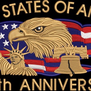 May include: Embroidered patch with the text "UNITED STATES OF AMERICA" and "250th ANNIVERSARY". Features the Statue of Liberty, a bald eagle, the Liberty Bell, and the years 1776 and 2026, all in gold thread on a black background.