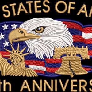 May include: Embroidered patch featuring the words "UNITED STATES OF AMERICA" above an eagle, American flag, Statue of Liberty, and Liberty Bell. The patch commemorates the 250th Anniversary, with the years 1776 and 2026.