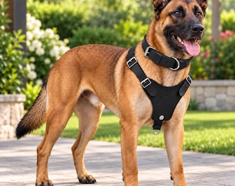 May include: A Belgian Malinois dog with a tan and black coat wearing a black leather harness and a matching black leather collar with silver-toned metal buckles and D-rings. The dog is standing in a profile position with its mouth open.