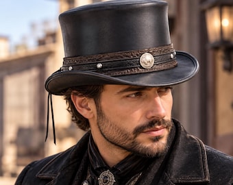 Black Leather Top Hat Handmade Bull Nickle Style Band Victorian Hat Steampunk