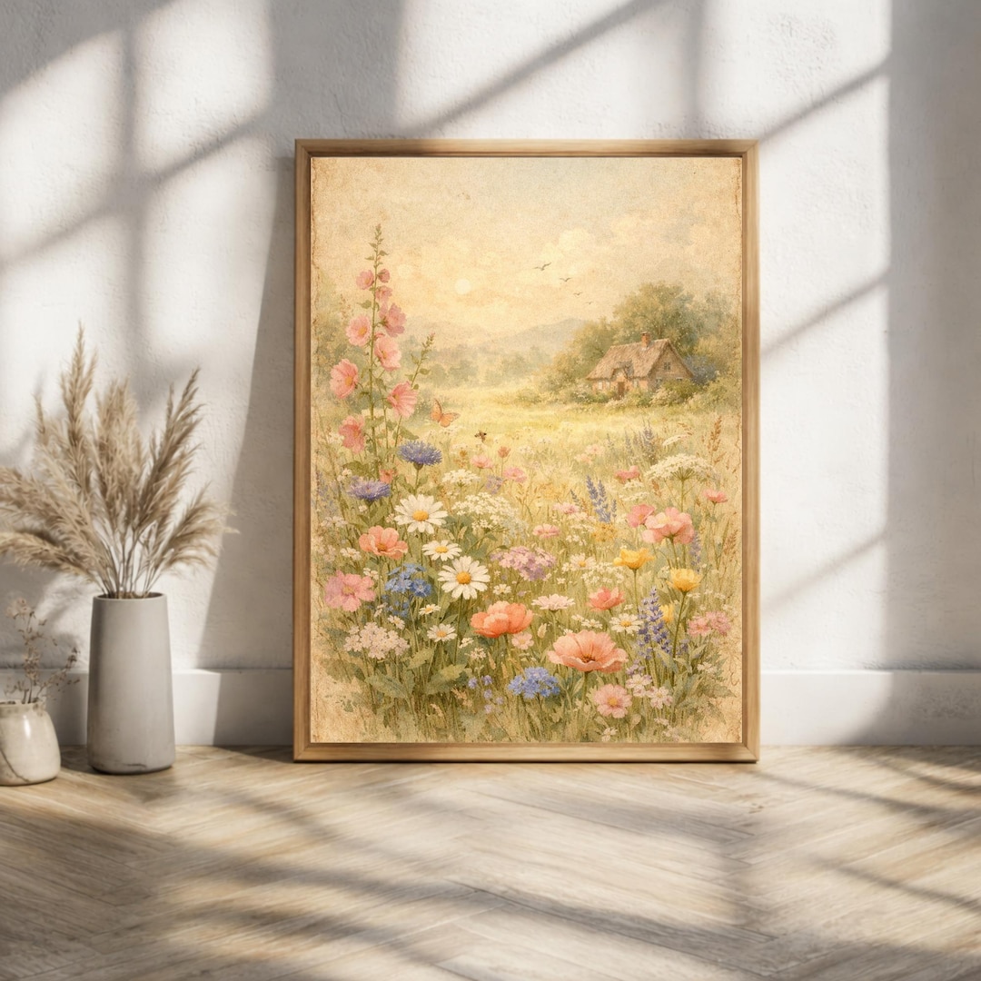 Vintage Wildflower Meadow Art Print, Cottagecore Watercolor Landscape ...