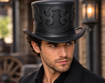 Black Leather Gothic Top Hat, Embossed Western Cowboy Hat, Steampunk Costume Headwear, Tribal Flame Statement Hat