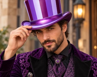 Purple Genuine Leather Top Hat, Striped Gothic Hat, Steampunk Costume Hat, Victorian Festival Headwear, Cosplay Accessory, Gift for her