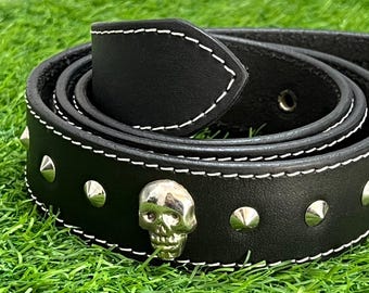 Black Handmade Leather Skull Belt, Full Grain Cowhide Belt with Silver Studs, Gothic Punk Belt, White Stitching, Alternative Fashion