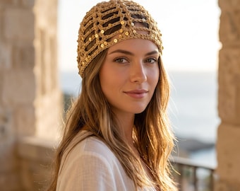 Bonnet au crochet à sequins, casque d'inspiration vintage pour femme, cadeau d'accessoire pour cheveux festival bohème