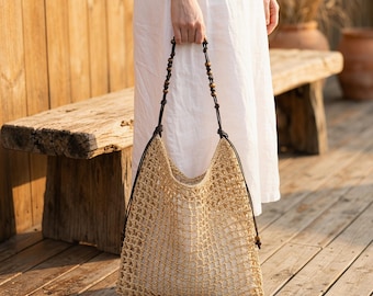 Cotton Rope Woven Tote Bag, Open Weave Boho Shoulder Bag for Beach, Market and Everyday Style