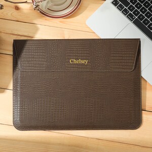 Custom Laptop Bag, Personalized Silk Mist Brown Croc Print Leather Macbook Sleeve, Fits 13 16 inch Laptops Slim Protective Case, Folder,gift
