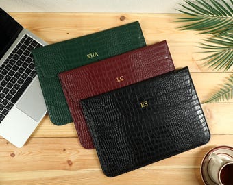 Custom Leather Portfolio Case, Laptop Case for 13 15 inch, Personalised Crocodile Print Leather Sleeve, File Organizer, Laptop Stand Cover