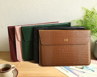 Personalised Crocodile Print Leather Sleeve, Laptop Case for 13 15 inch, Custom Leather Portfolio Case, File Organizer, Laptop Stand Cover
