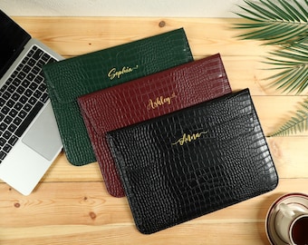 Embossed Crocodile Print Laptop Case, Personalised Leather Laptop Sleeve, Custom Laptop Case and Stand,  MacBook 11 13 15 inch,Gifts for Her