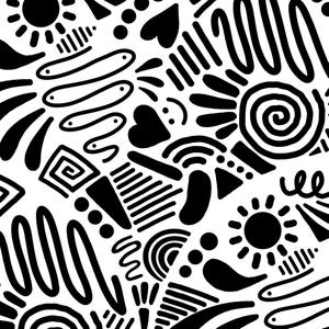 May include: A monochrome seamless pattern with abstract shapes. The design incorporates suns, hearts, spirals, and geometric forms. This repeating pattern is suitable for fabric or wallpaper applications.