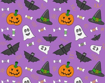 Cute Halloween Seamless Pattern – Whimsical Ghost, Bat & Pumpkin (Digital Download)