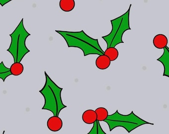 May include: A seamless pattern featuring green holly leaves with red berries on a light gray background. The leaves have black outlines, and the berries are round. Small, light gray dots are scattered throughout the design. This pattern is suitable for holiday-themed products.