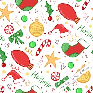 May include: A festive Christmas-themed pattern on a white background. The design includes red stockings, Santa hats, candy canes, gold stars, green bows, and ornaments. The words "HoHoHo" are scattered throughout the design.