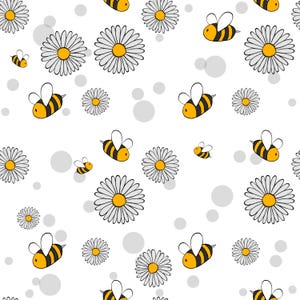 Puede incluir: Un patrón repetitivo de abejas de dibujos animados, margaritas y círculos grises sobre un fondo blanco. Las abejas son amarillas y negras, y las margaritas tienen pétalos blancos y centros amarillos. El diseño es simple y alegre.