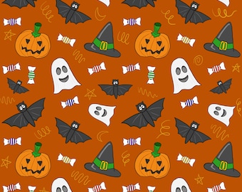 Cute Halloween Seamless Pattern – Pumpkin, Ghost & Bat Digital Paper (Digital Download)